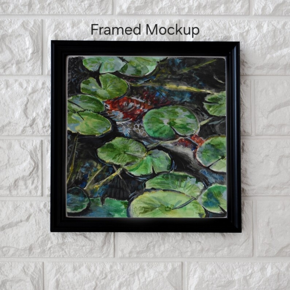 Koi Fish and Lilypads - Original Handpainted Watercolor Painting - 8" by 8" - Picture 3 of 5
